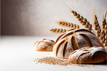 Various breads and wheat on a dark table, bakery, generative ai - obrazy, fototapety, plakaty