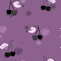 Deurstickers Cherries seamless pattern. Abstract colorful fruit print. Packaging template, graphic design, textiles, bedding and wallpaper. © Nikola