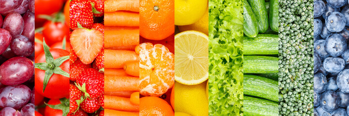 Fruits and vegetables background collection of fresh fruit lettuce panorama with berries