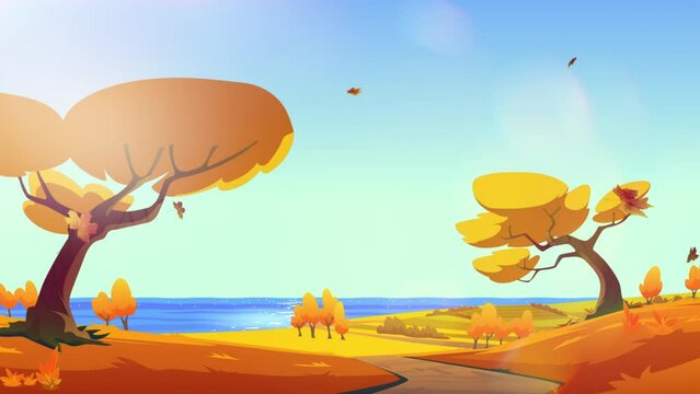 Flat autumn background and falling leaves with beautiful sun shine 