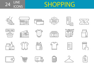 Set of 24 shopping icons for retail, grocery, restaurant food delivery concepts. express order, mobile shop.
