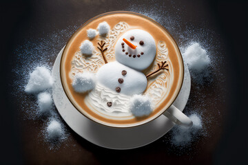 Snowman latte in a coffee cup