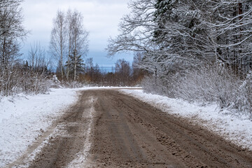 snow mixed with mud on local forest road