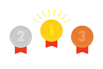 1･2･3の数字の刻印が入った金銀銅のリボン付きのバッジ･勲章･メダルの素材セット