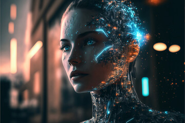 Portrait of a female cyborg robot. Wires and circuits. Concept for Artififial Intelligence. Designed using Generative AI