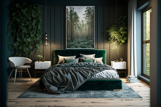 Forest theme Luxury master bedroom interior with a big large comfortable bed, modern light bedroom with wooden furniture, elegant room interior, stylish bedroom at a residence, an apartment or a hotel