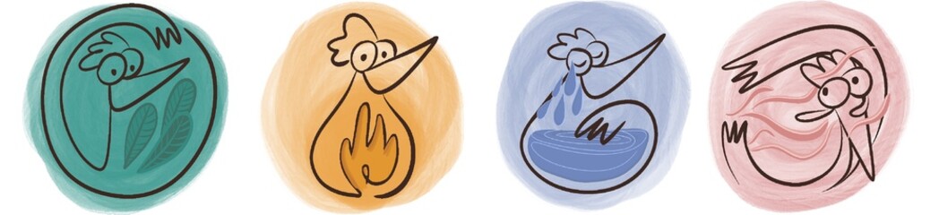 Illustration d’icône des quatre éléments: le feu, l’air, l’eau et la terre. Des personnages poules et des couleurs différentes sont utilisées pour chaque symbole. PNG