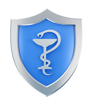 Medical Insurance Emblem. A symbol of the Hygieia Bowl in the center of a metallic shield are isolated on transparent background. 3D rendering graphics on the theme of Health Insurance.