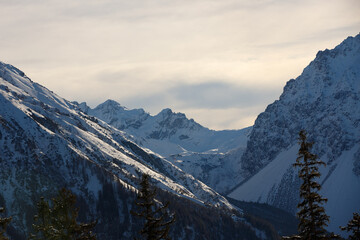 Mountain snow peaks. Sunny day. Brandnertal, Austria