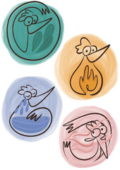 Illustration d’icône des quatre éléments: le feu, l’air, l’eau et la terre. Des personnages poules et des couleurs différentes sont utilisées pour chaque symbole, destiné à un jeune public. PNG