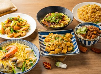 Jinsha Tofu, Seafood Chow Mein, dry oil noodles, Braised pork on rice, Beef fried rice, Hakka stir fry