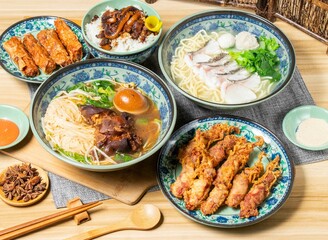 Taiwan food variety Pork Knuckle Noodles, fried rolls, Fried Shrimp Rolls, Grouper Fresh Fish Oil Noodles, Braised pork on rice