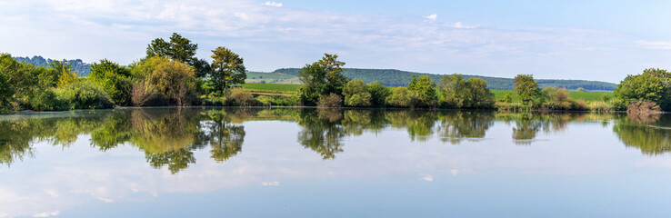 Fototapeta na wymiar Summer landscape, panorama, with river and trees reflected in river water