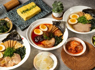 Taiwan food variety Volcano Shin Ramen, Kombu Miso Ramen, Genki Garlic Ramen, Kimchi, Yuzu radish, Tamagoyaki, Gherkin with Salt Sauce