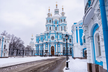 Winter Petersburg. Smolny Cathedral of the Resurrection of Christ in St. Petersburg, Russia