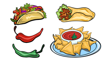 Vector illustration Hot taco chili pepper and sauce mexican food traditional