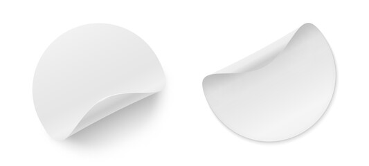 A set of realistic stickers with curved edges on a white background. Round, paper sheets for notes. Vector illustration