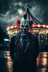 Obraz na płótnie Canvas Horror clown and creapy funfair or circus. Concept of evil and fear. Designed using generative ai. 