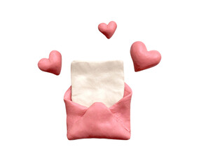 Envelope, sheet of paper and hearts plasticine claysilver plasticine clay 3D illustration on white background, cute dough shape