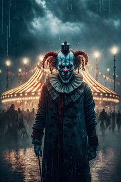 Horror clown and creapy funfair or circus. Concept of evil and fear. Designed using generative ai. 