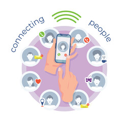 Hands holding mobile phone. Fingers touching, tapping, scrolling smartphone screens, using applications. People handling with cellphones. Flat vector illustrations. Social media network.
