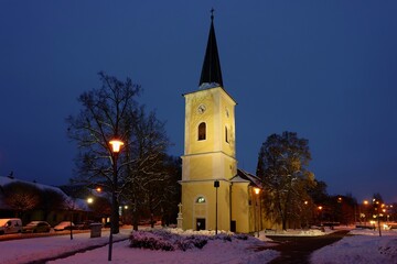 Beautiful old church on Christmas holidays with snow. Church of St. John the Baptist and St. John the Evangelist. Brno - Bystrc