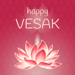 Happy vesak day card. Lotus flower painted in chinese style. Vector illustration mesh petals, ink wash contour, gradients and delicate leafy pattern on viva magenta background. - 558973922