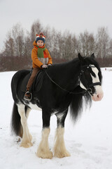 Little rider. Cute child, kd, fun boy on horseback and winter landscape, scenery. Winter active sportsб rest, recreation. Chld with animal, pet, horse - breed tinker. Equestrian sport in snowy winter