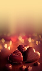 wo shiny chocolate hearts nn gold glitter background. St. Valentine's Day card concept with copyspace for text. Sweet candy gift.