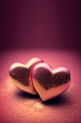 Obraz premium Two pink sparkling hearts glitter shiny background. St. Valentine's Day card concept with space for text.