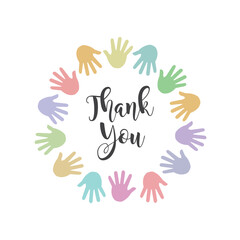 Thank you hand lettering vector with a circle of hands of different colors.