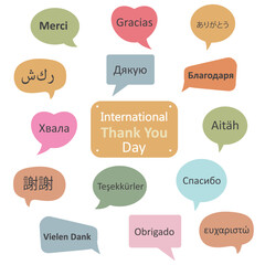 International thank you day. Speech bubbles with the phrase thank you in different languages.