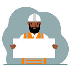 Engineer man holding a blank sheet of paper. The concept of a builder, engineer, planner or designer.