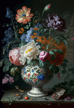a vase filled with lots of flowers on top of a table, art, painting, illustration