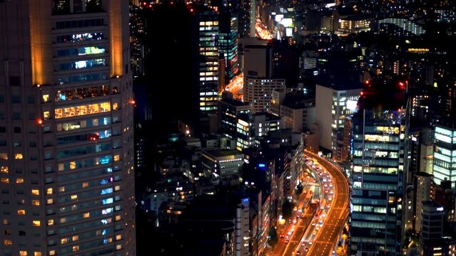 Aerial view of traffic through Shibuya, Tokyo, Japan at night