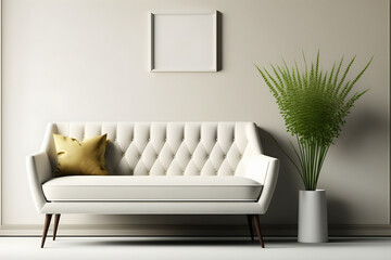 Bright living room interior with white empty wall 3d render