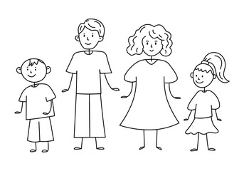 Obraz na płótnie Canvas Graphic cartoon line illustration of family with children. Doodle linear illustration of family