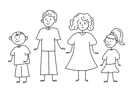 Graphic cartoon line illustration of family with children. Doodle linear illustration of family