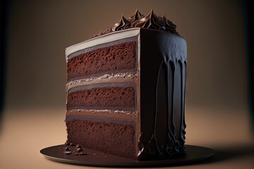 a chocolate cake with chocolate frosting on a plate with a brown background and a single slice missing from it.