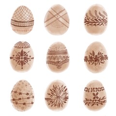 Set of watercolor Easter eggs with geometric pattern. Collection of Hand drawn natural color Easter eggs with ornament on white background