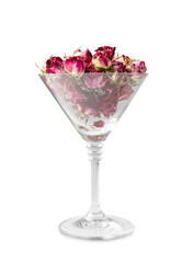 Rose buds in a glass goblet isolated