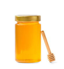 Fresh honey in a jar with a wooden dipper on a white isolated background.