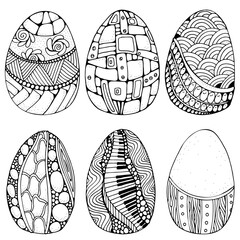 Set of Easter eggs. Hand-drawn decorative elements in vector. Pattern for coloring book. Black and white pattern. Made by trace from sketch. Zentangle