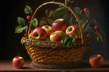 a basket of apples with leaves and a brown background with a brown background and a brown background with a brown background and a brown background
