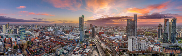 Manchester City centre Aerial night view of Deansgate Square and Beetham Tower Manchester northern  England. City Centre at sunrise with coloured sky