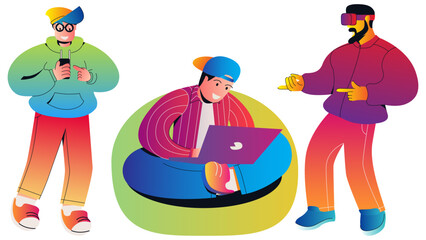 colorfull gradient character with phone and laptop VR