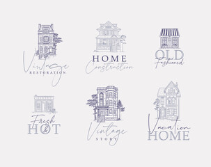 Victorian houses with lettering drawing in old fashioned vintage style on gray background.
