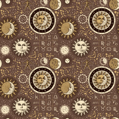 Seamless pattern on the theme of zodiac and horoscopes. Hand-drawn vector background with sun, moon, stars, constellations and human figure like Vitruvian man on backdrop in retro style