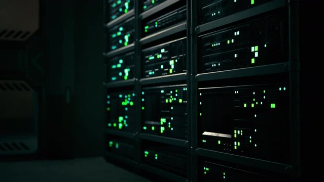 big data dark server room with bright equipment