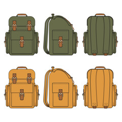 Set of color illustrations with travel backpack. Isolated vector objects on white.